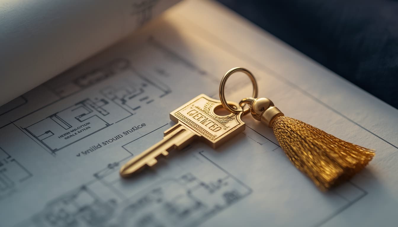 Llave dorada sobre planos arquitectónicos