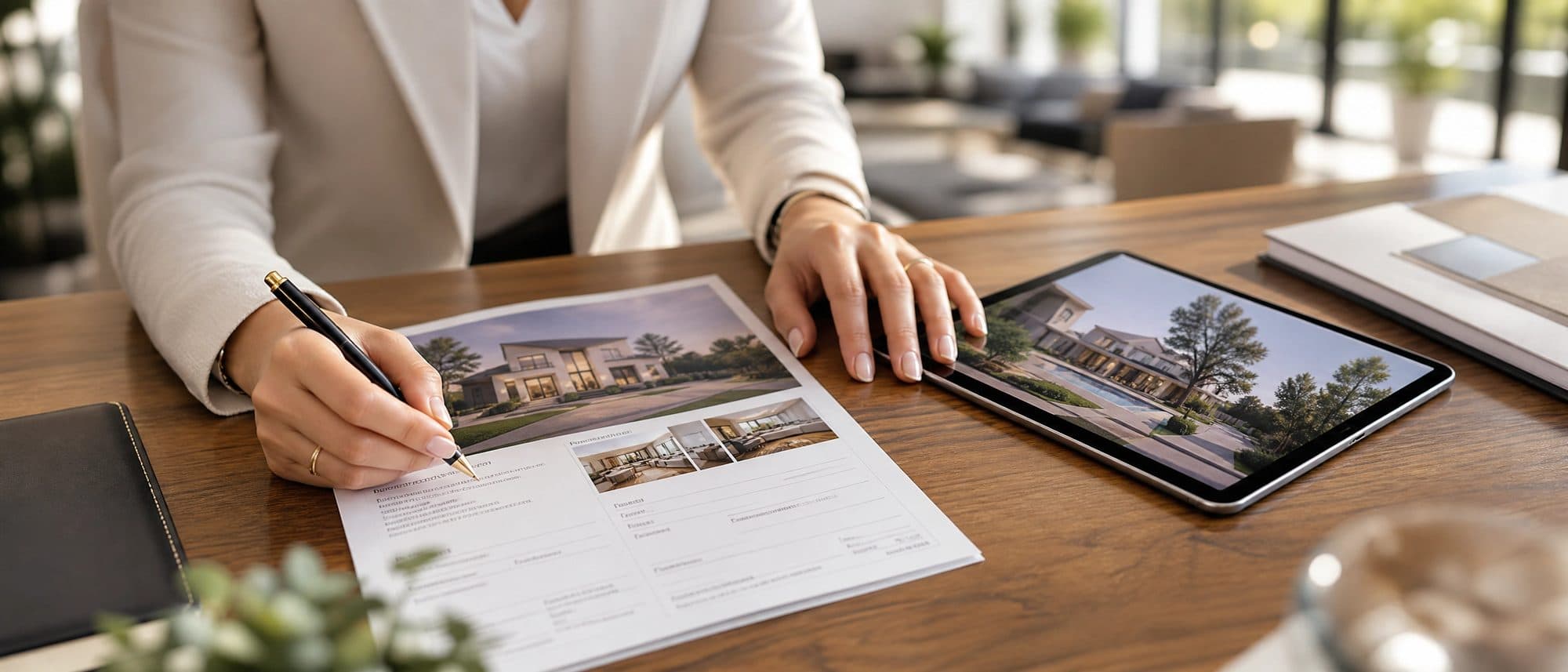 Agente inmobiliaria revisando propiedad en tablet y documentos
