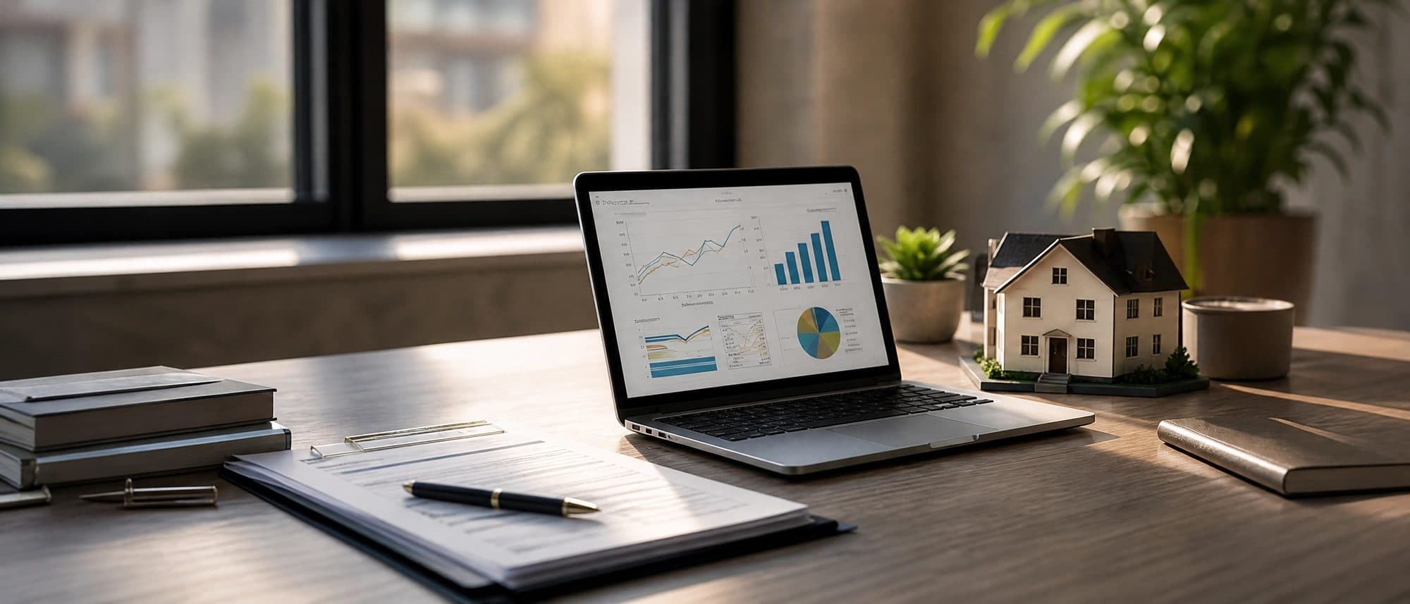 Laptop con análisis de mercado y maqueta de casa