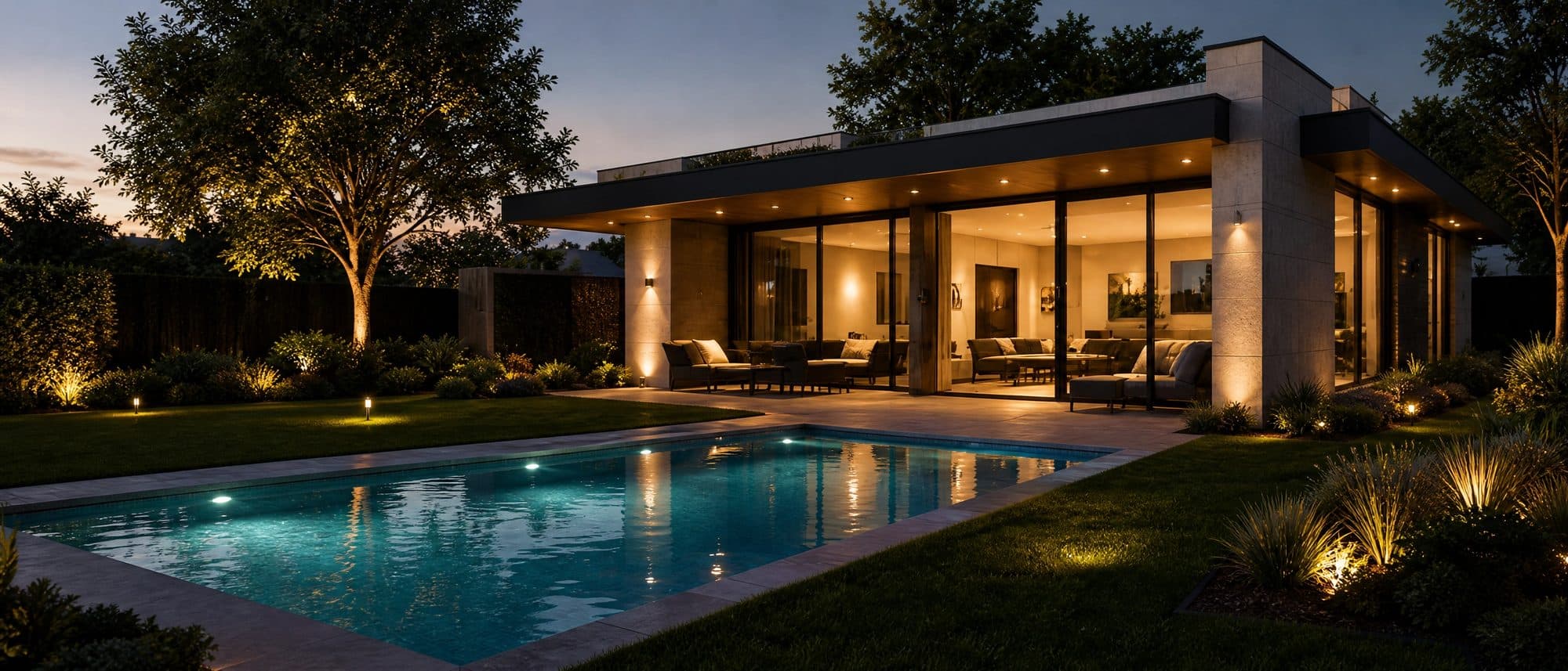 Casa moderna con pileta al atardecer